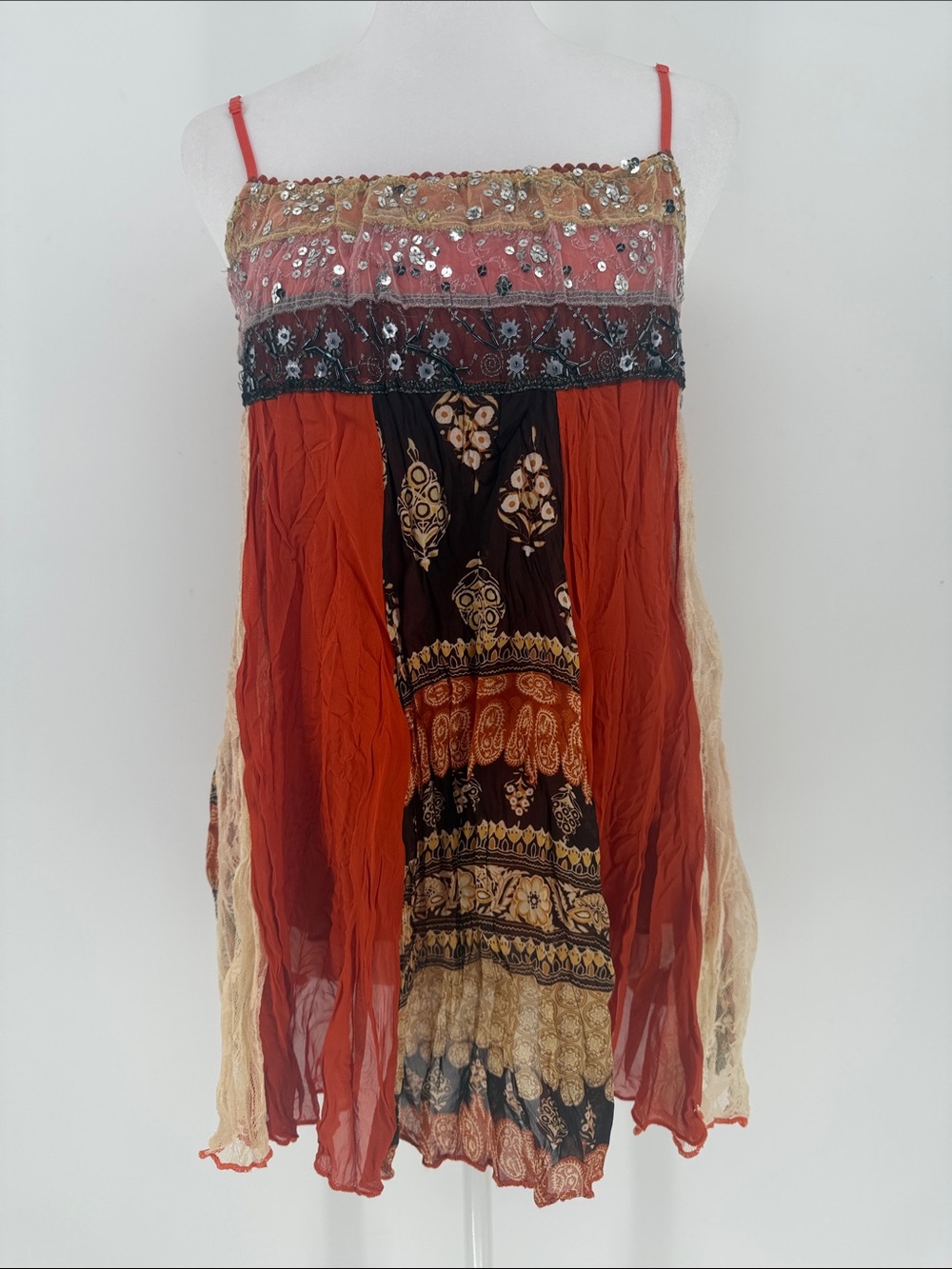 Rave Boho Patchwork Beaded Lace Babydoll Tunic Top M/L Y2K Festival